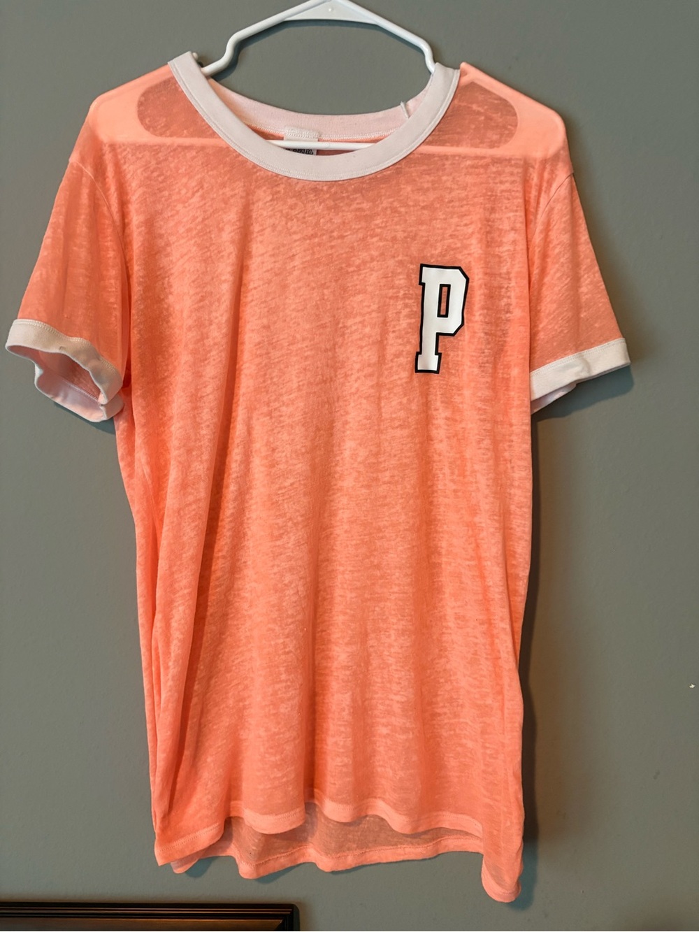 Victoria's Secret PINK Slub Knit Ringer Tee Medium Peach Coral Distressed Logo